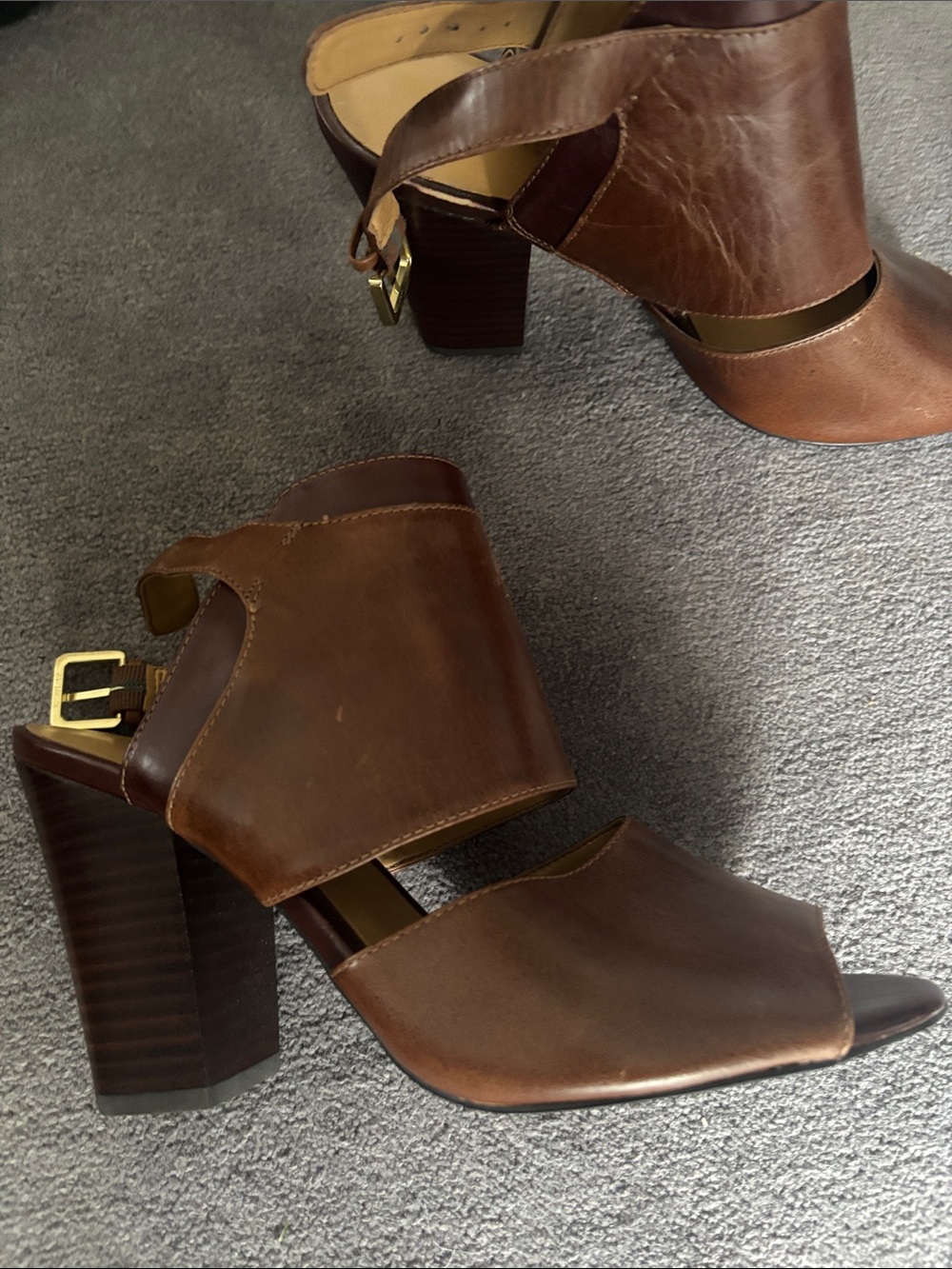 Nine West Brown Leather Open-Peep Block Heel Sandals with Gold Buckle